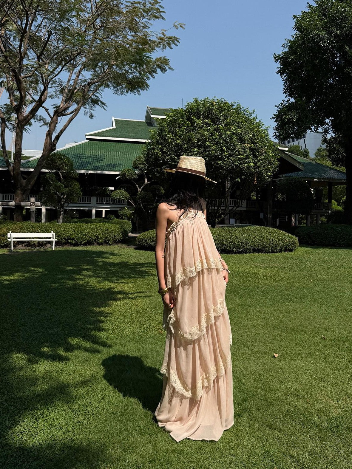 rovente Garden Waltz Pink Apricot Halter Neck Tiered Ruffle Women's Slip Maxi Dresses