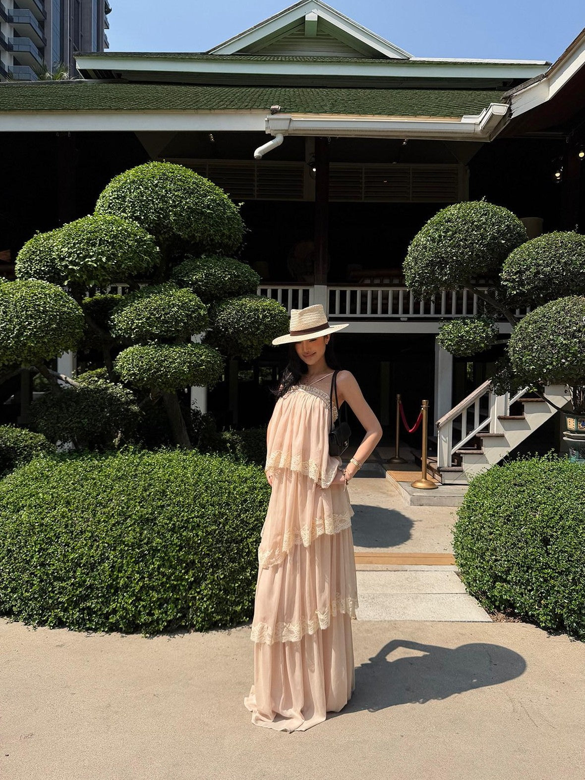 rovente Garden Waltz Pink Apricot Halter Neck Tiered Ruffle Women's Slip Maxi Dresses