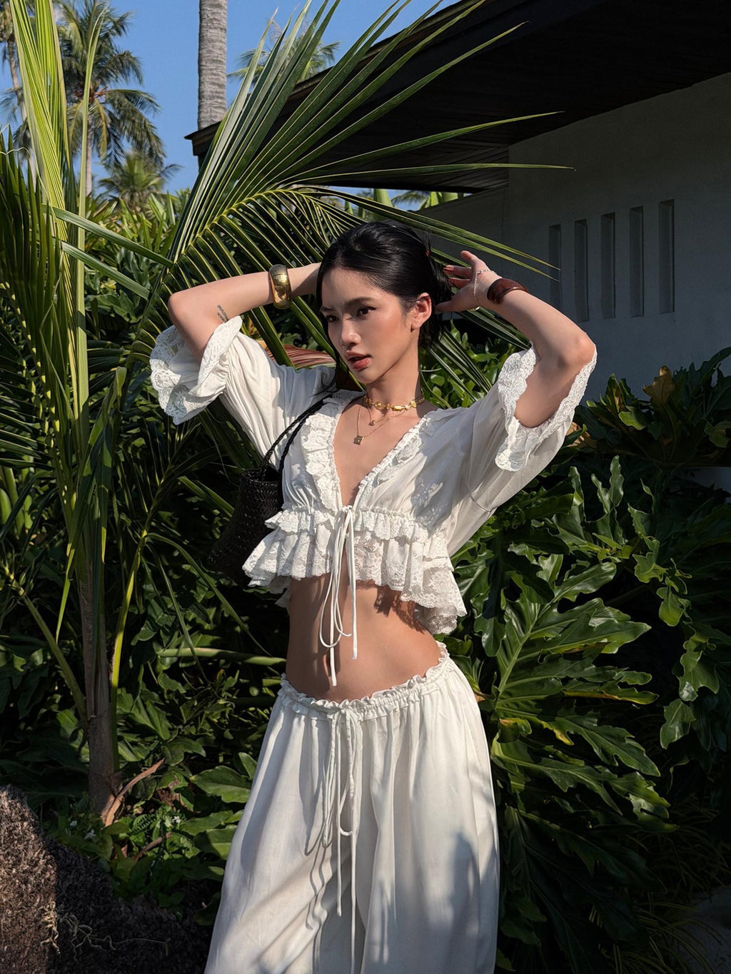 rovente Gardenia White Lace Trim Open Front Women's Lyocell Cropped Shirts