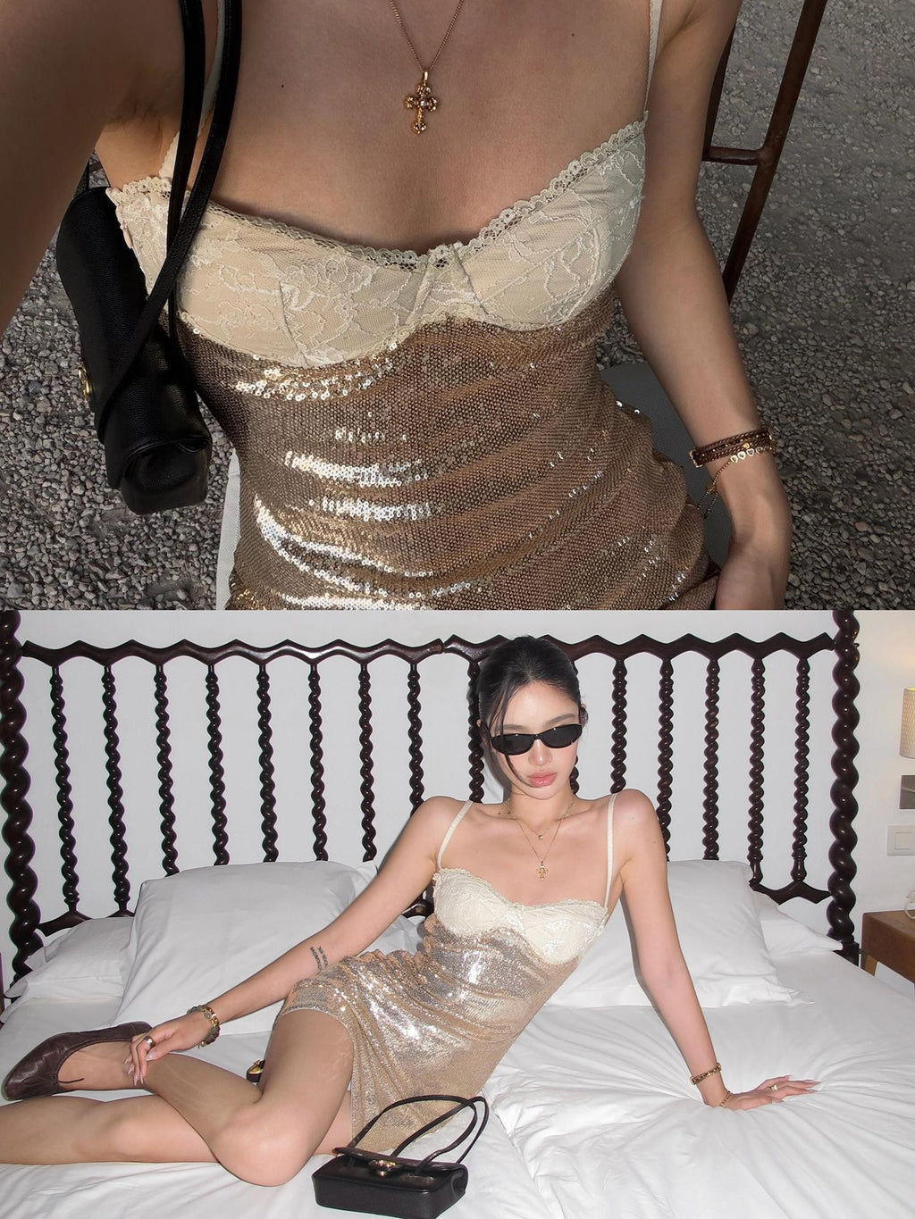 rovente Glossy Champagne Sleeveless Woven Women's Polyester Bodycon Mini Dresses