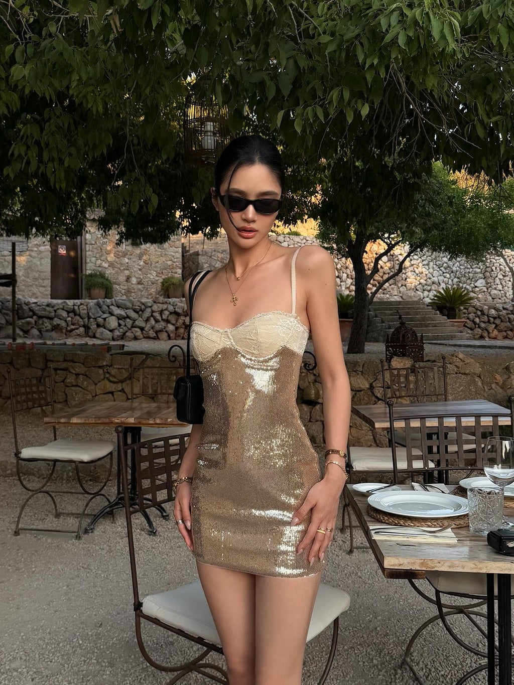 rovente Glossy Champagne Sleeveless Woven Women's Polyester Bodycon Mini Dresses