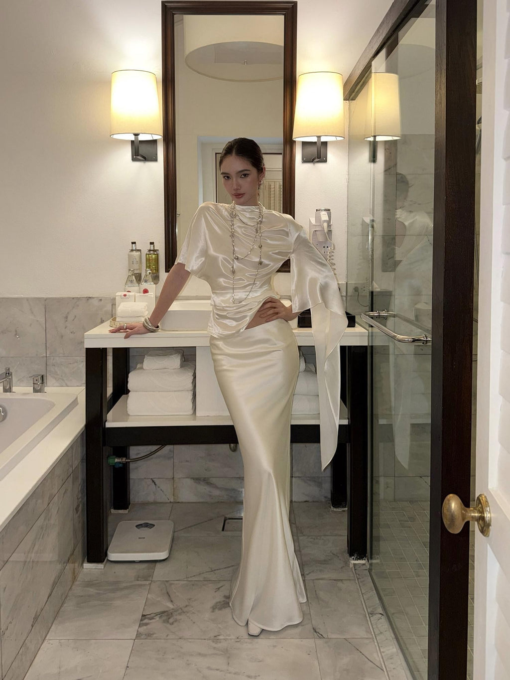 rovente Glowing White Stand Collar Tie Women's Viscose Matching Skirt Sets