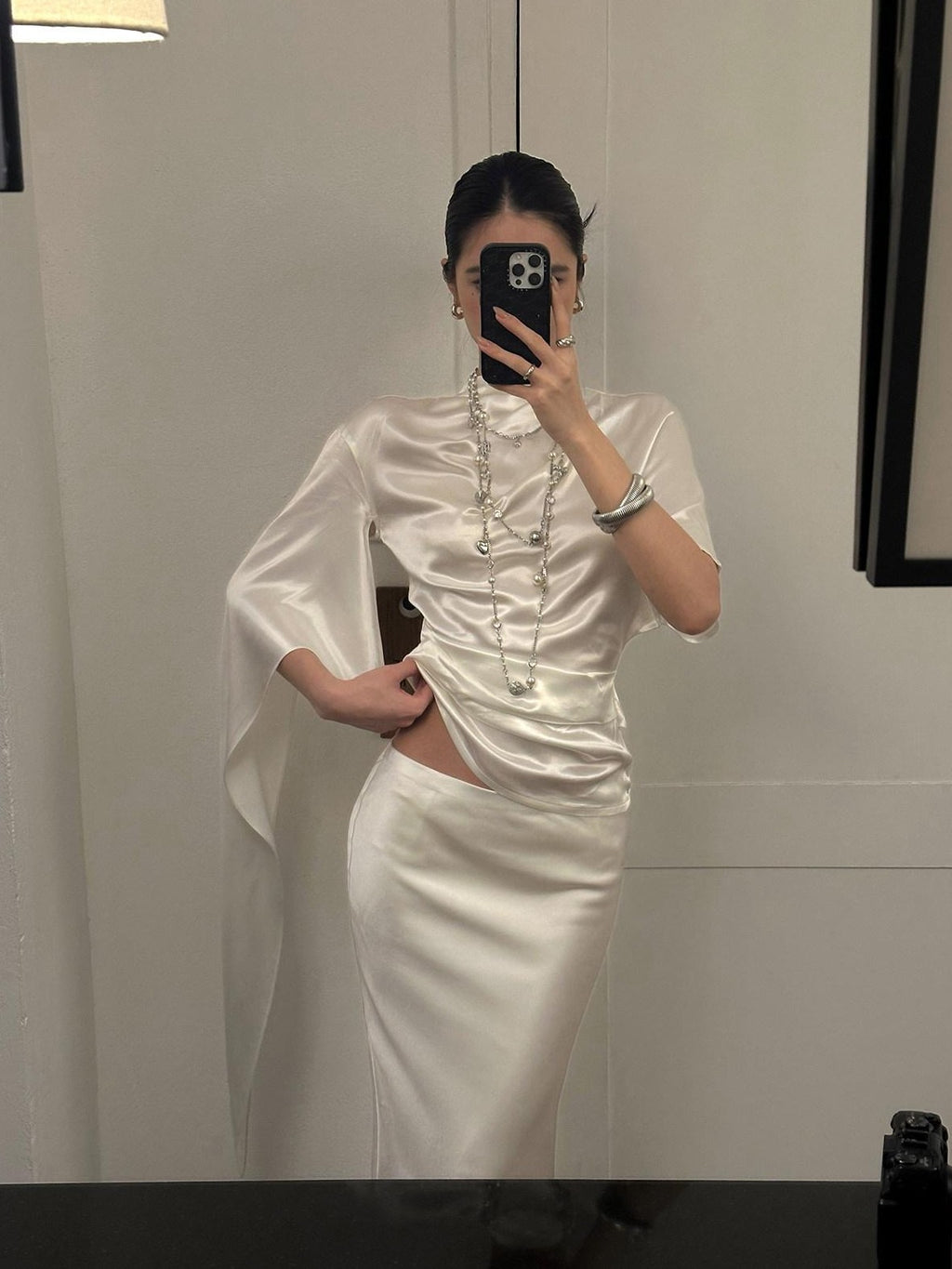 rovente Glowing White Stand Collar Tie Women's Viscose Matching Skirt Sets