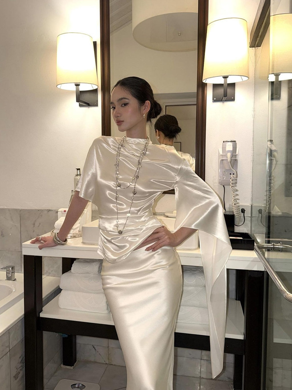 rovente Glowing White Stand Collar Tie Women's Viscose Matching Skirt Sets