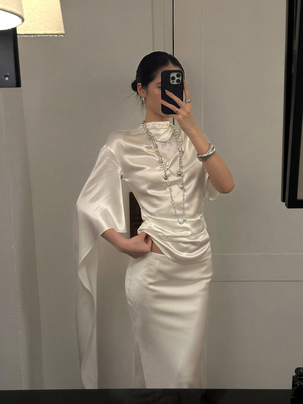 rovente Glowing White Stand Collar Tie Women's Viscose Matching Skirt Sets