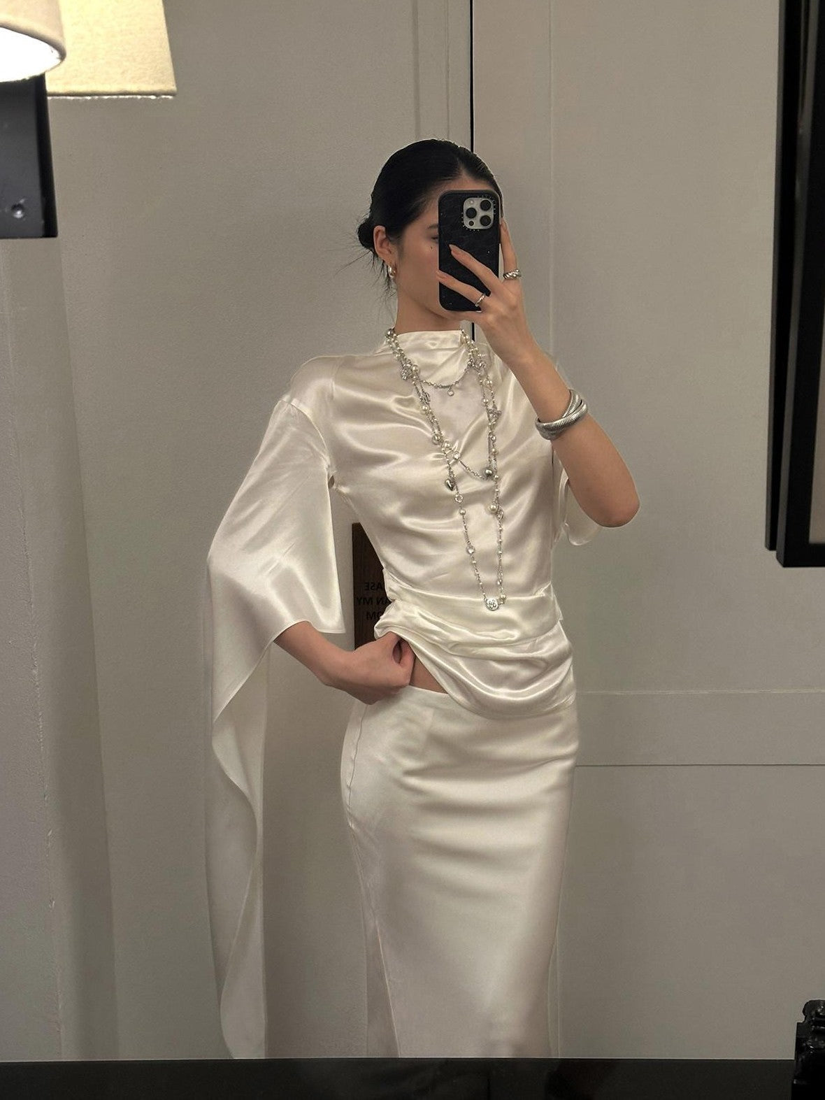 rovente Glowing White Stand Collar Tie Women's Viscose Matching Skirt Sets
