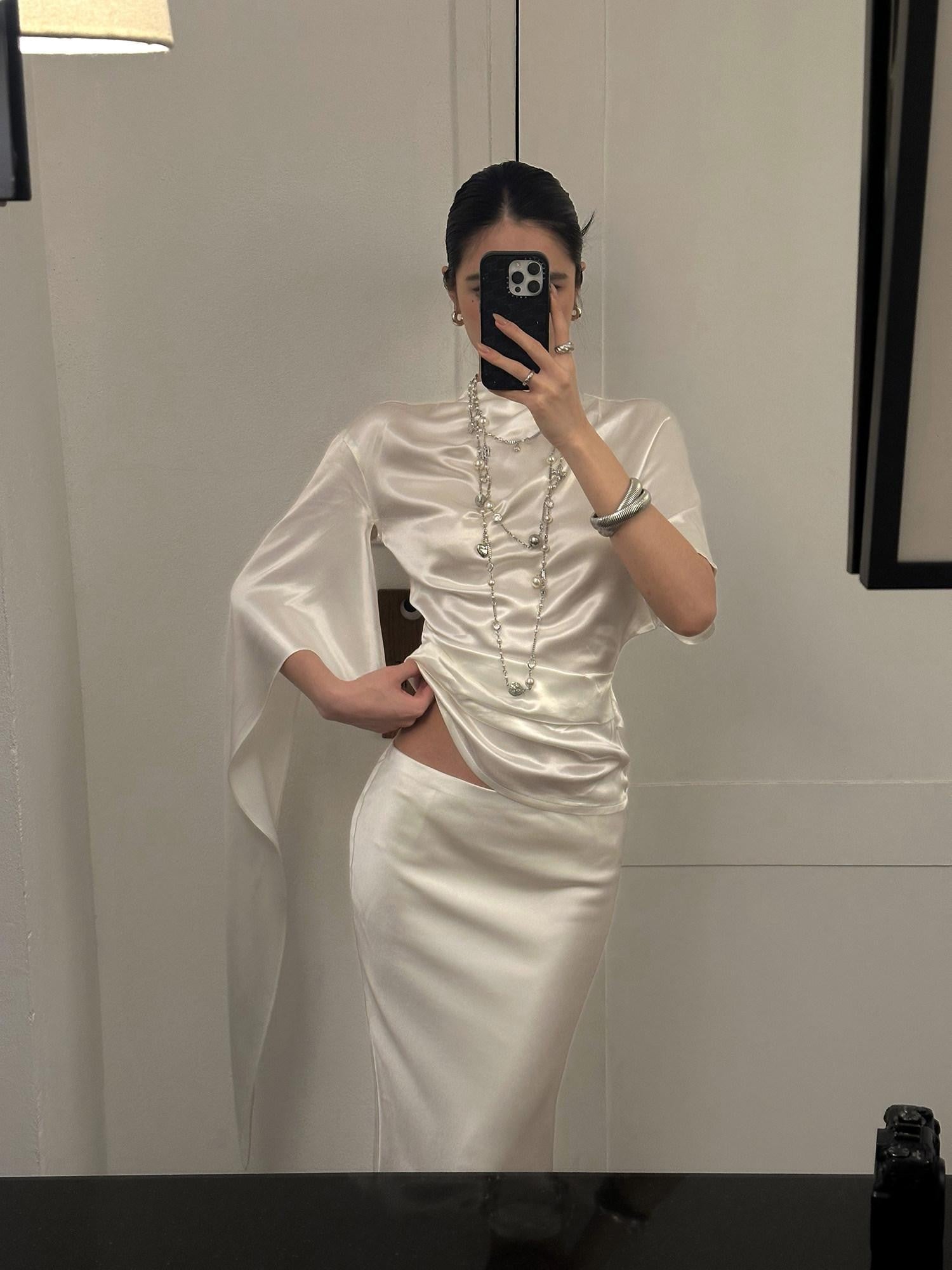 rovente Glowing White Stand Collar Tie Women's Viscose Matching Skirt Sets