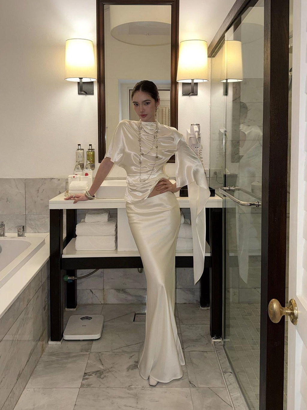 rovente Glowing White Stand Collar Tie Women's Viscose Matching Skirt Sets