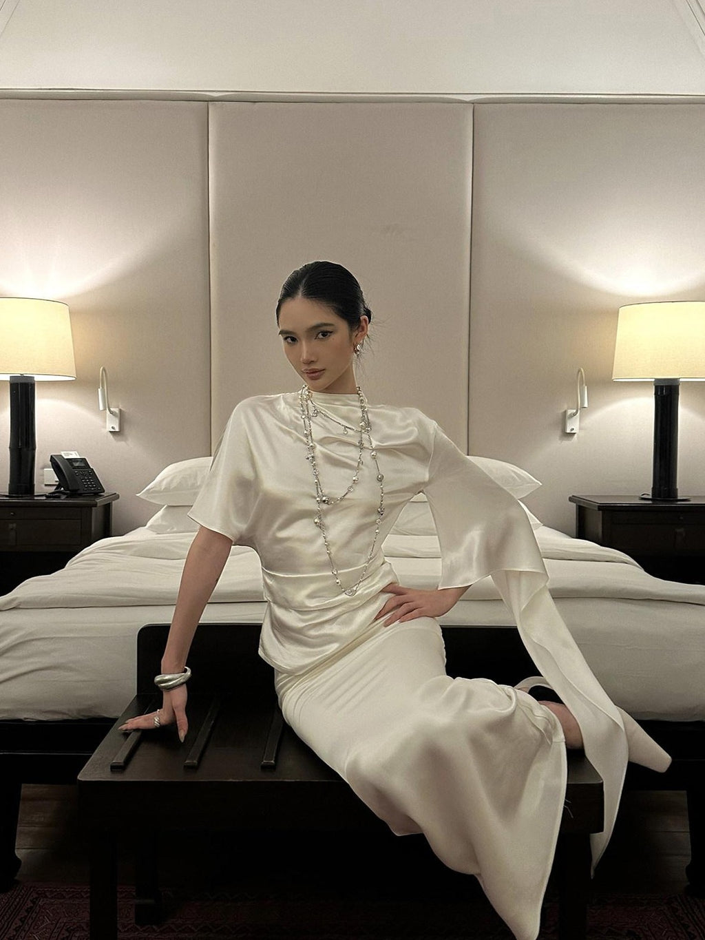 rovente Glowing White Stand Collar Tie Women's Viscose Matching Skirt Sets