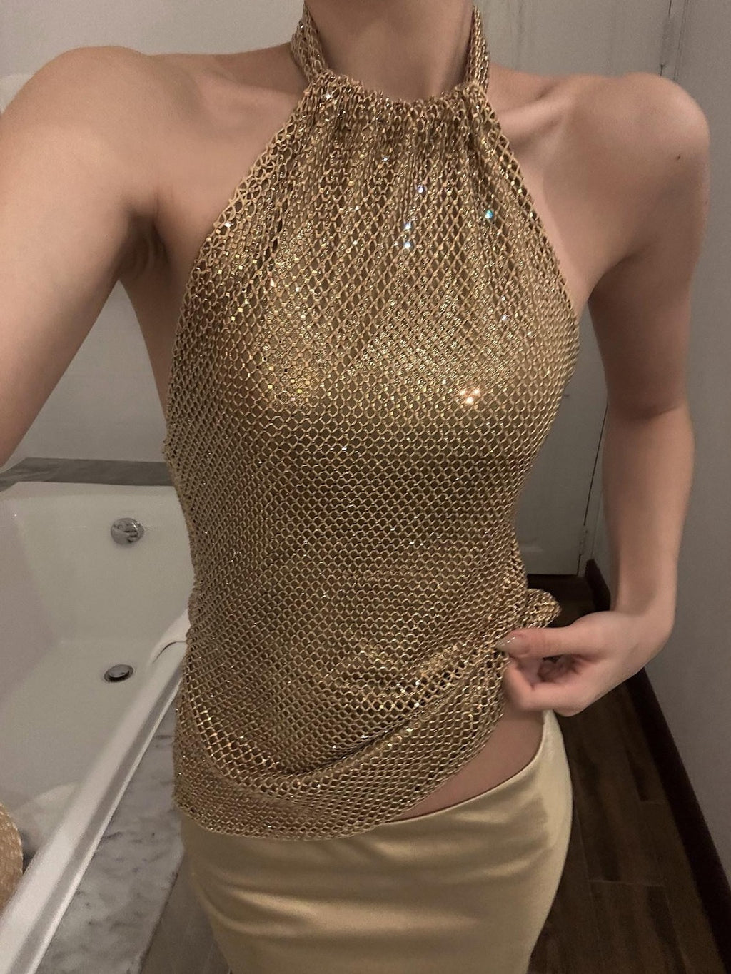 rovente Gold Mesh Halter Neck Slim Fit Sleeveless Women's Mesh Halter Tops