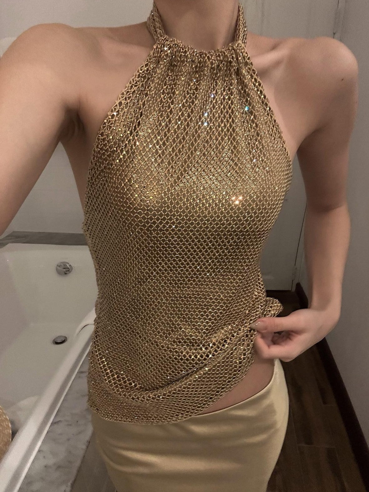 rovente Gold Mesh Halter Neck Slim Fit Sleeveless Women's Mesh Halter Tops