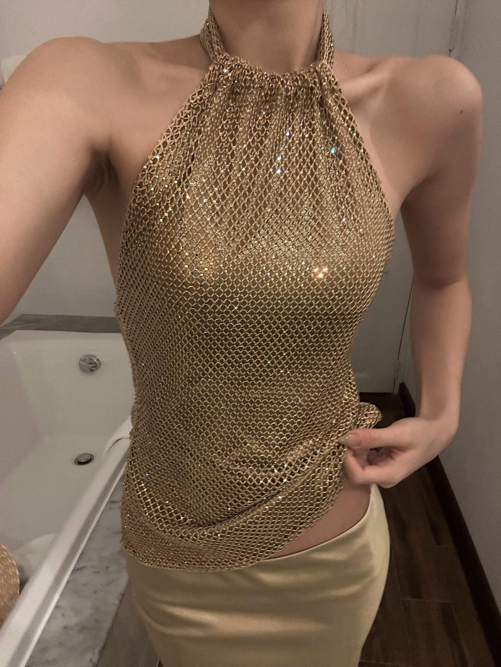 rovente Gold Mesh Halter Neck Slim Fit Sleeveless Women's Mesh Halter Tops
