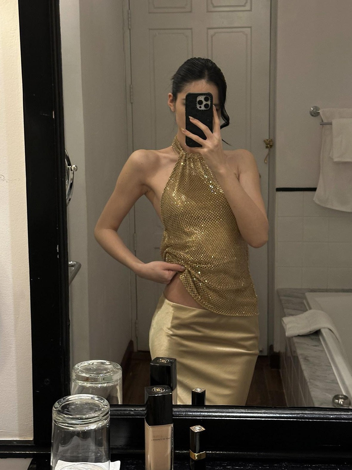 rovente Gold Mesh Halter Neck Slim Fit Sleeveless Women's Mesh Halter Tops