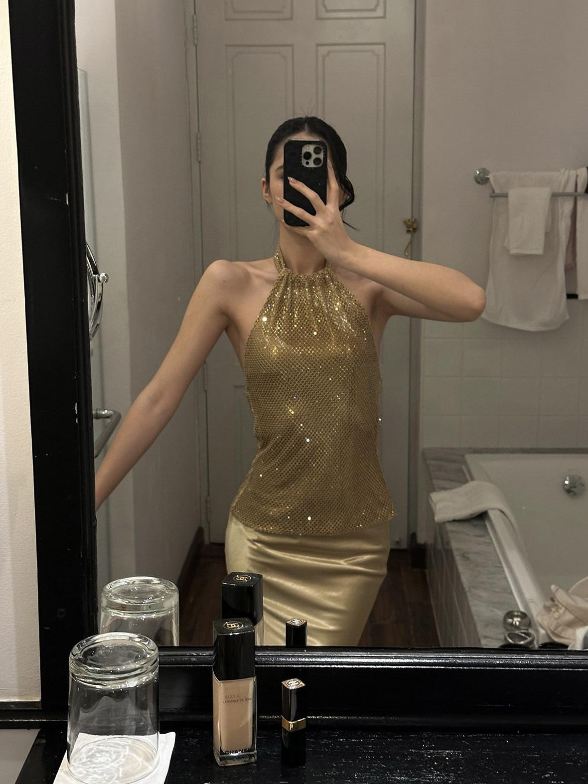 rovente Gold Mesh Halter Neck Slim Fit Sleeveless Women's Mesh Halter Tops