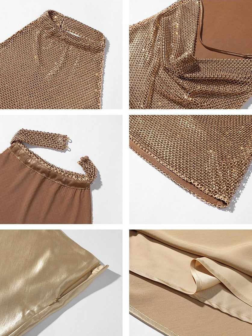 rovente Gold Mesh Halter Neck Slim Fit Sleeveless Women's Mesh Halter Tops