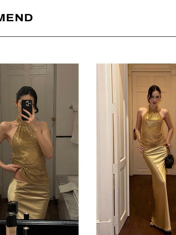 rovente Gold Mesh Halter Neck Slim Fit Sleeveless Women's Mesh Halter Tops