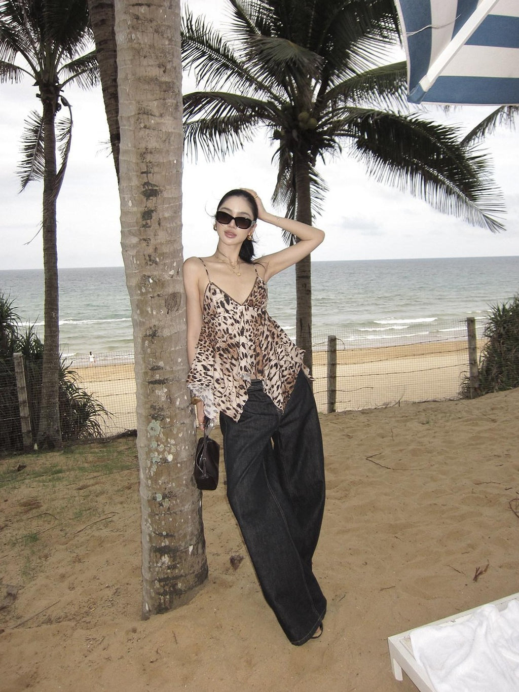 rovente Golden Leopard Deep V Asymmetrical Women's Cotton Spaghetti-strap Camisoles