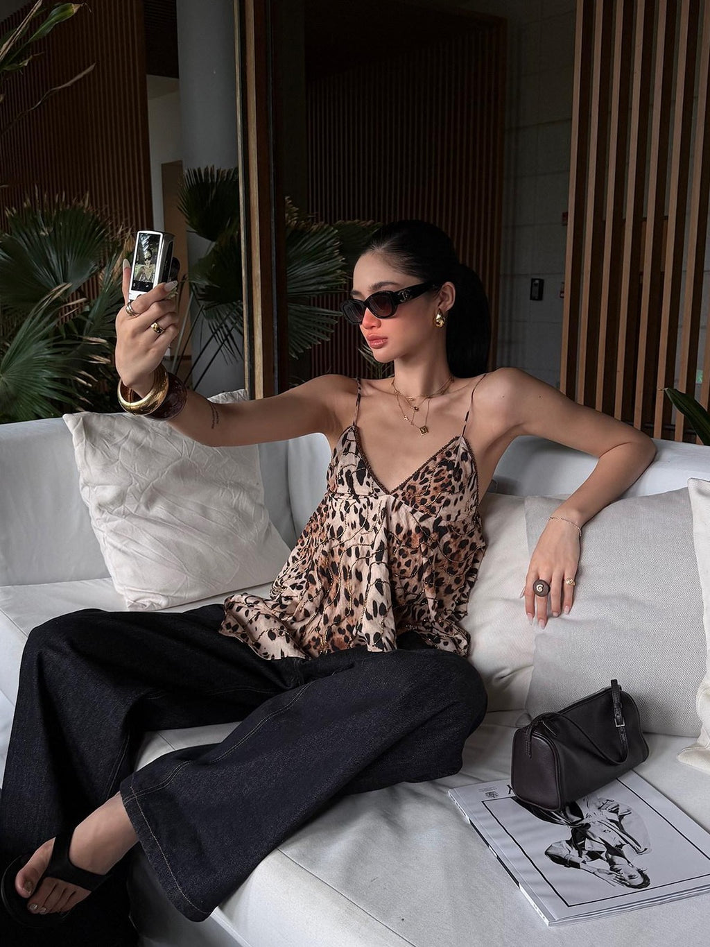 rovente Golden Leopard Deep V Asymmetrical Women's Cotton Spaghetti-strap Camisoles