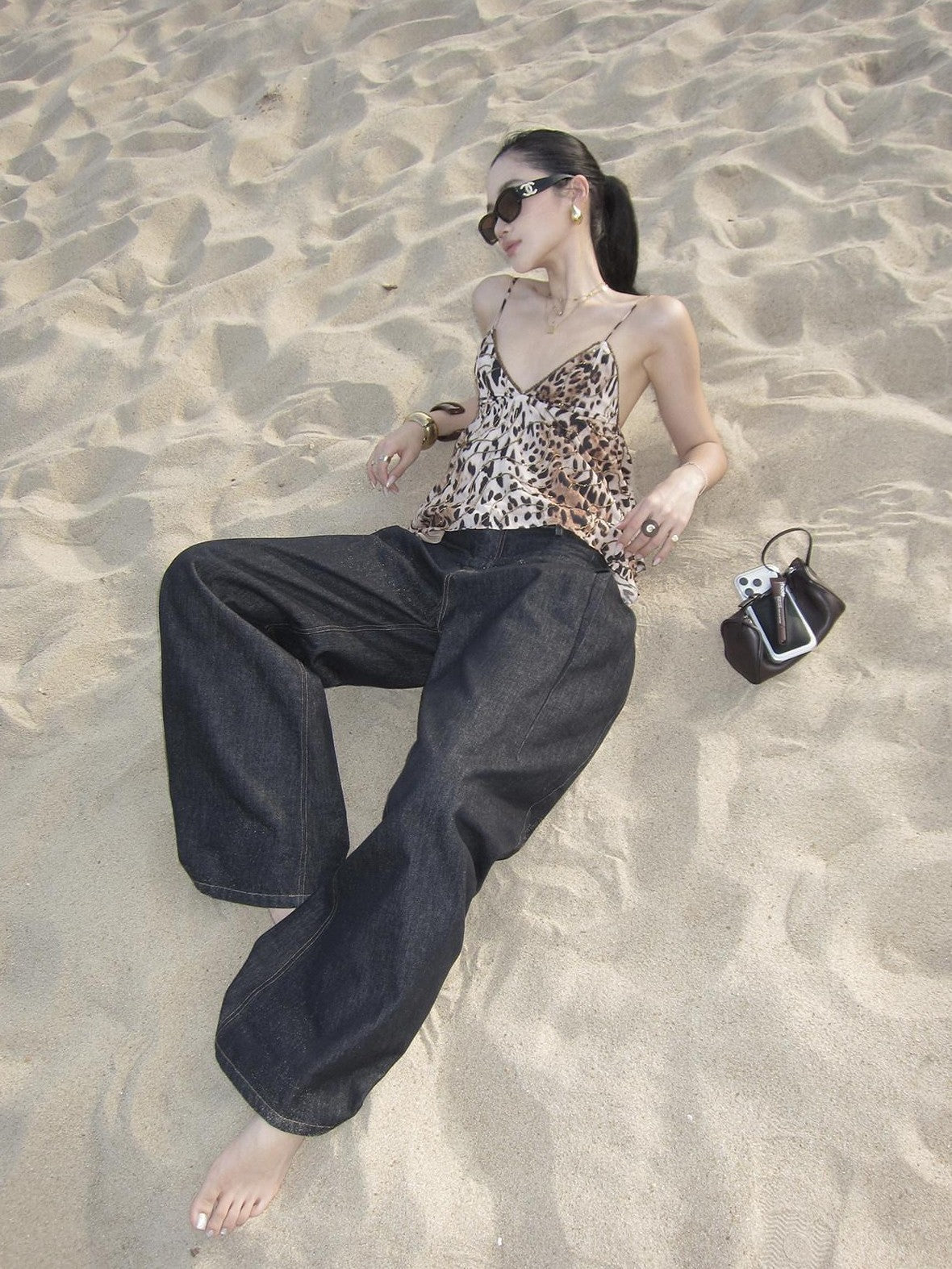 rovente Golden Leopard Deep V Asymmetrical Women's Cotton Spaghetti-strap Camisoles