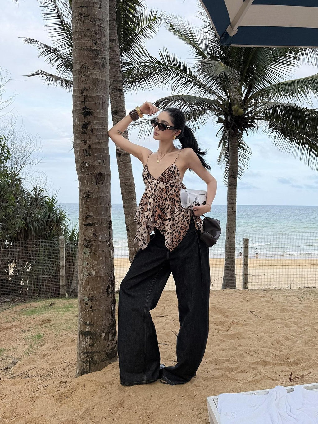 rovente Golden Leopard Deep V Asymmetrical Women's Cotton Spaghetti-strap Camisoles