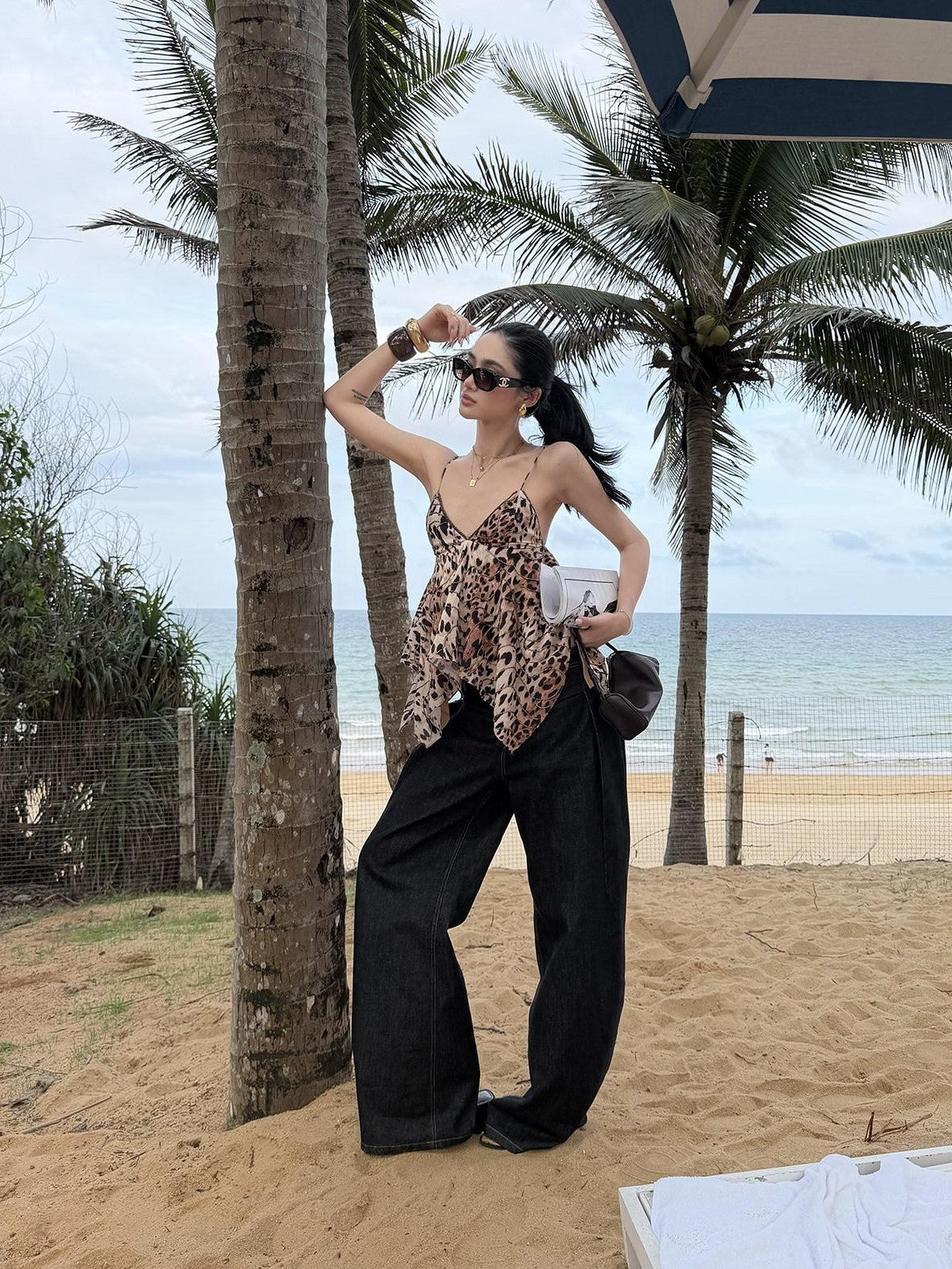 rovente Golden Leopard Deep V Asymmetrical Women's Cotton Spaghetti-strap Camisoles