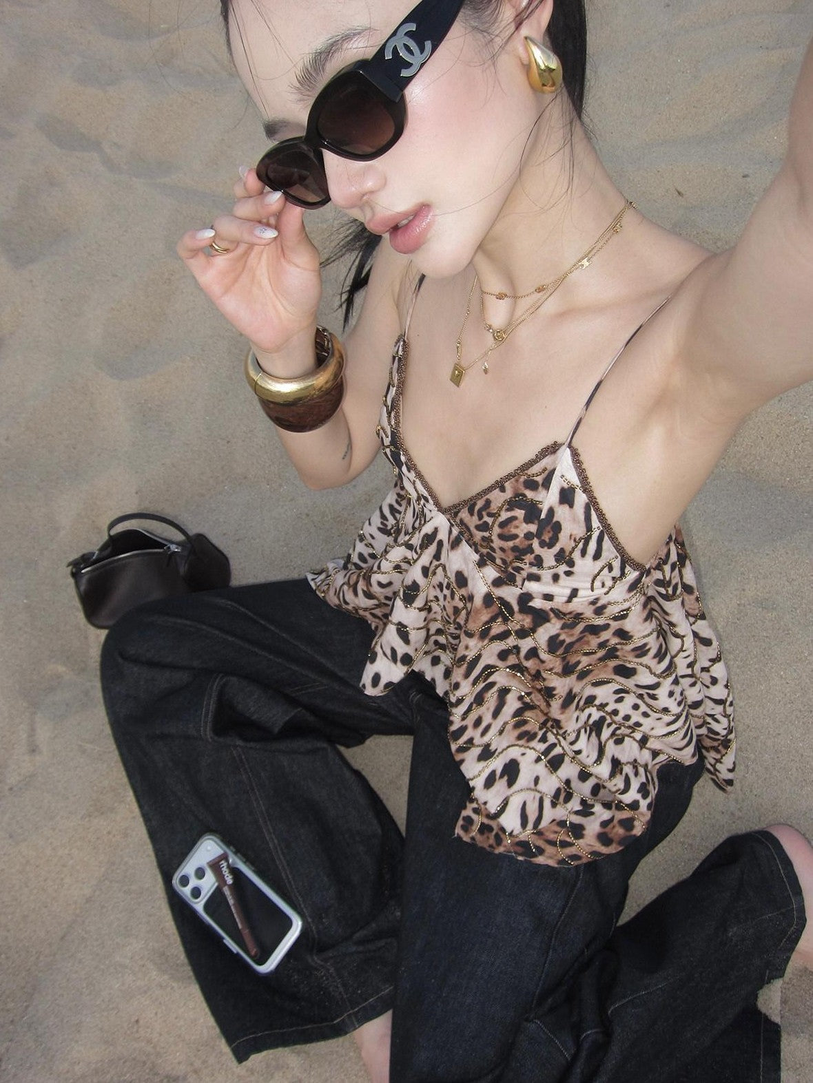 rovente Golden Leopard Deep V Asymmetrical Women's Cotton Spaghetti-strap Camisoles