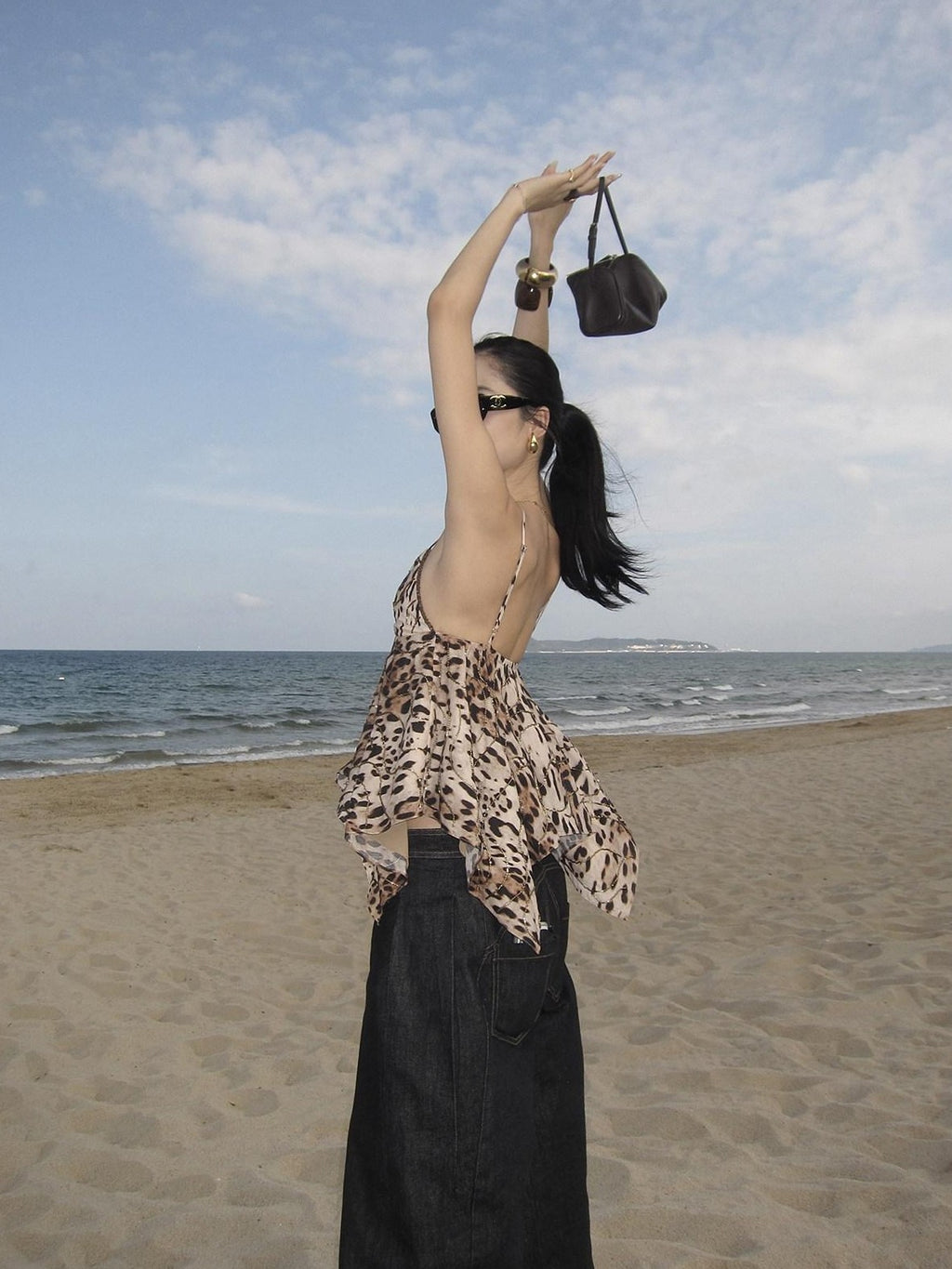 rovente Golden Leopard Deep V Asymmetrical Women's Cotton Spaghetti-strap Camisoles