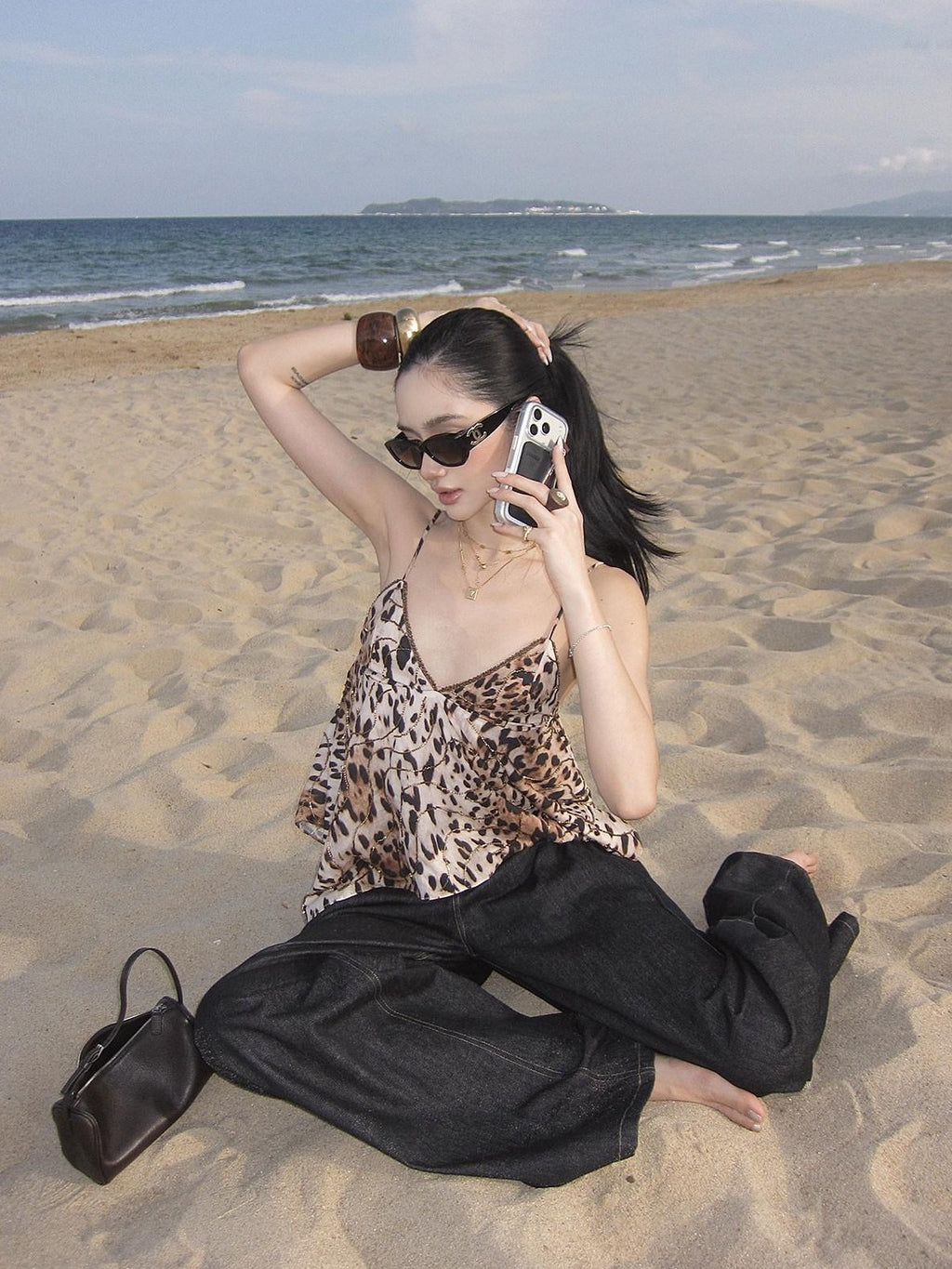 rovente Golden Leopard Deep V Asymmetrical Women's Cotton Spaghetti-strap Camisoles