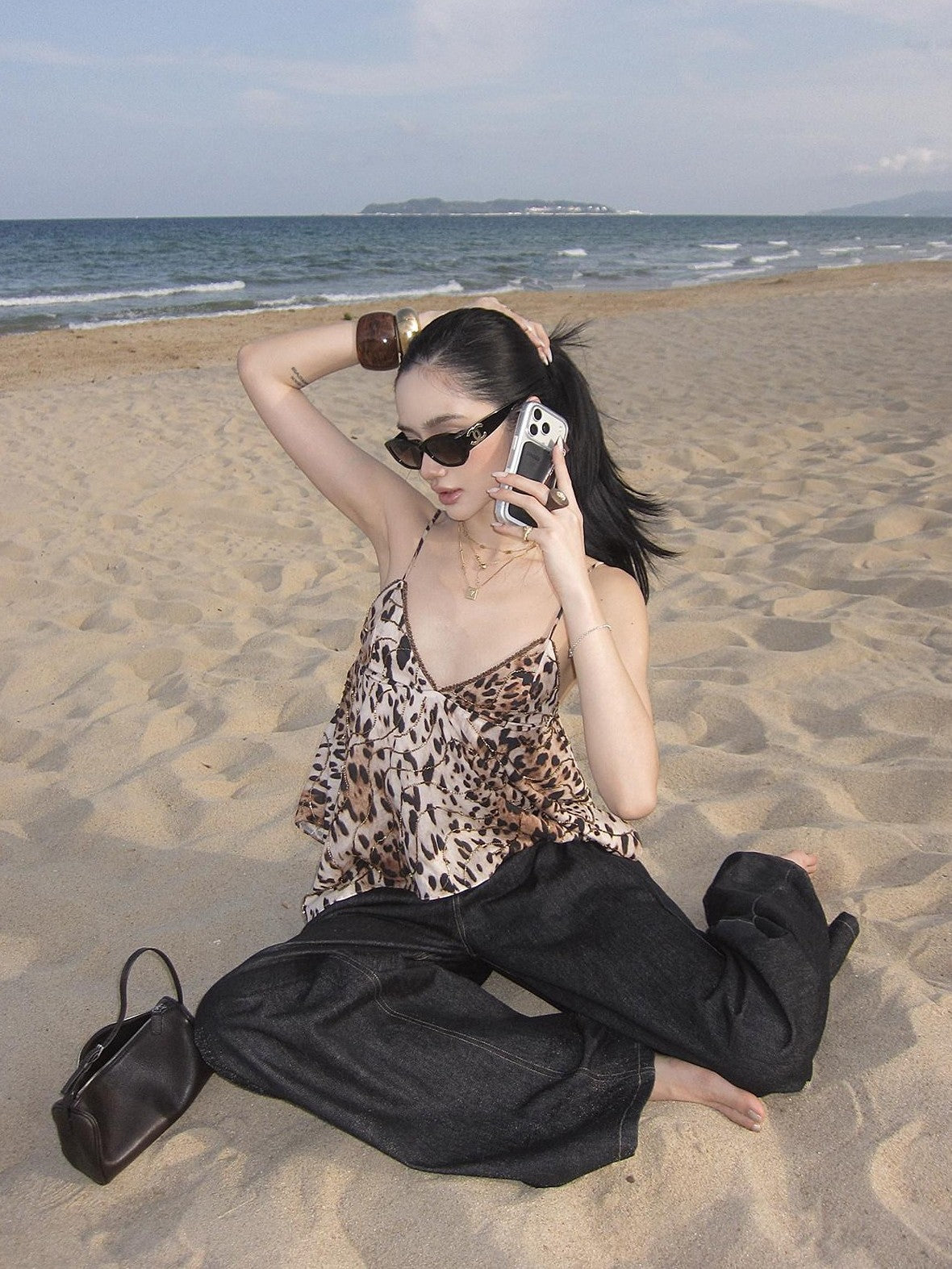 rovente Golden Leopard Deep V Asymmetrical Women's Cotton Spaghetti-strap Camisoles