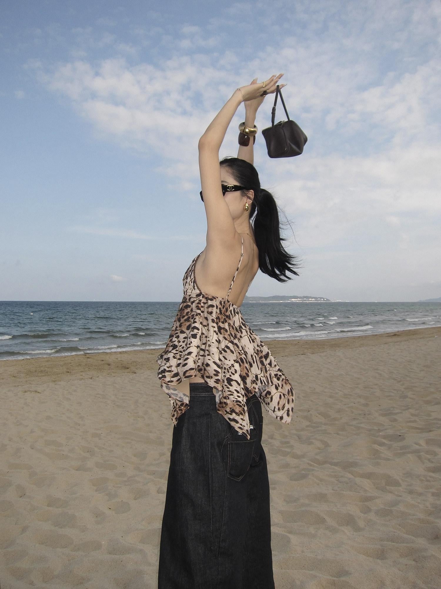 rovente Golden Leopard Deep V Asymmetrical Women's Cotton Spaghetti-strap Camisoles