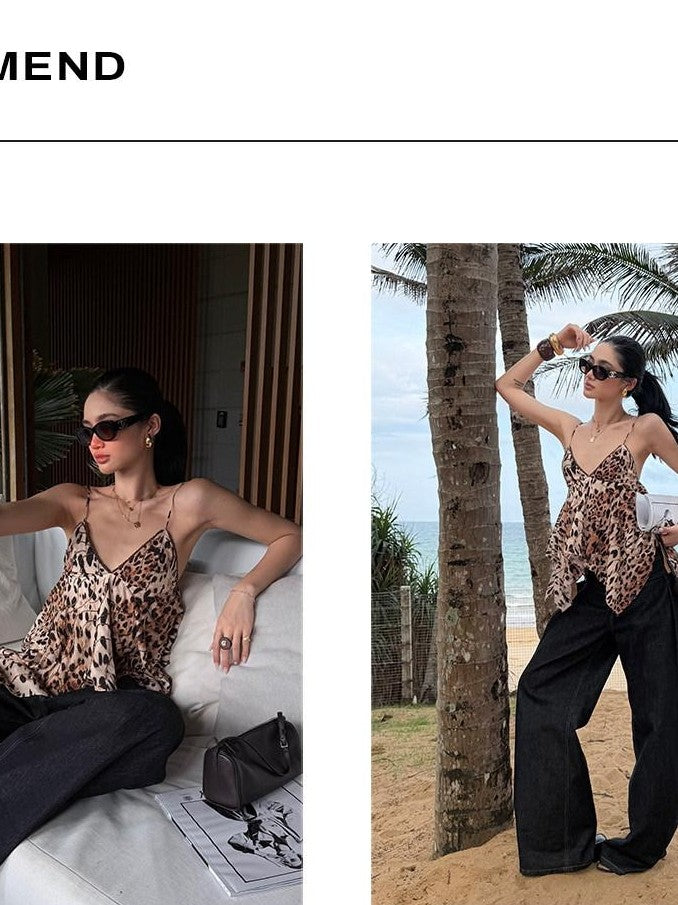 rovente Golden Leopard Deep V Asymmetrical Women's Cotton Spaghetti-strap Camisoles