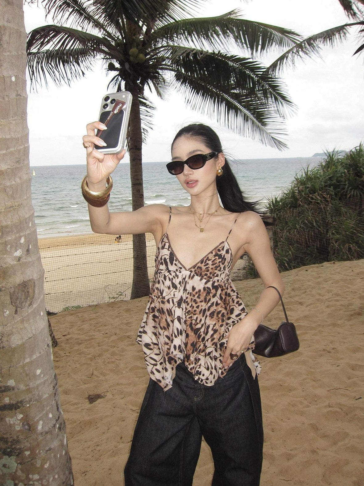 rovente Golden Leopard Deep V Asymmetrical Women's Cotton Spaghetti-strap Camisoles