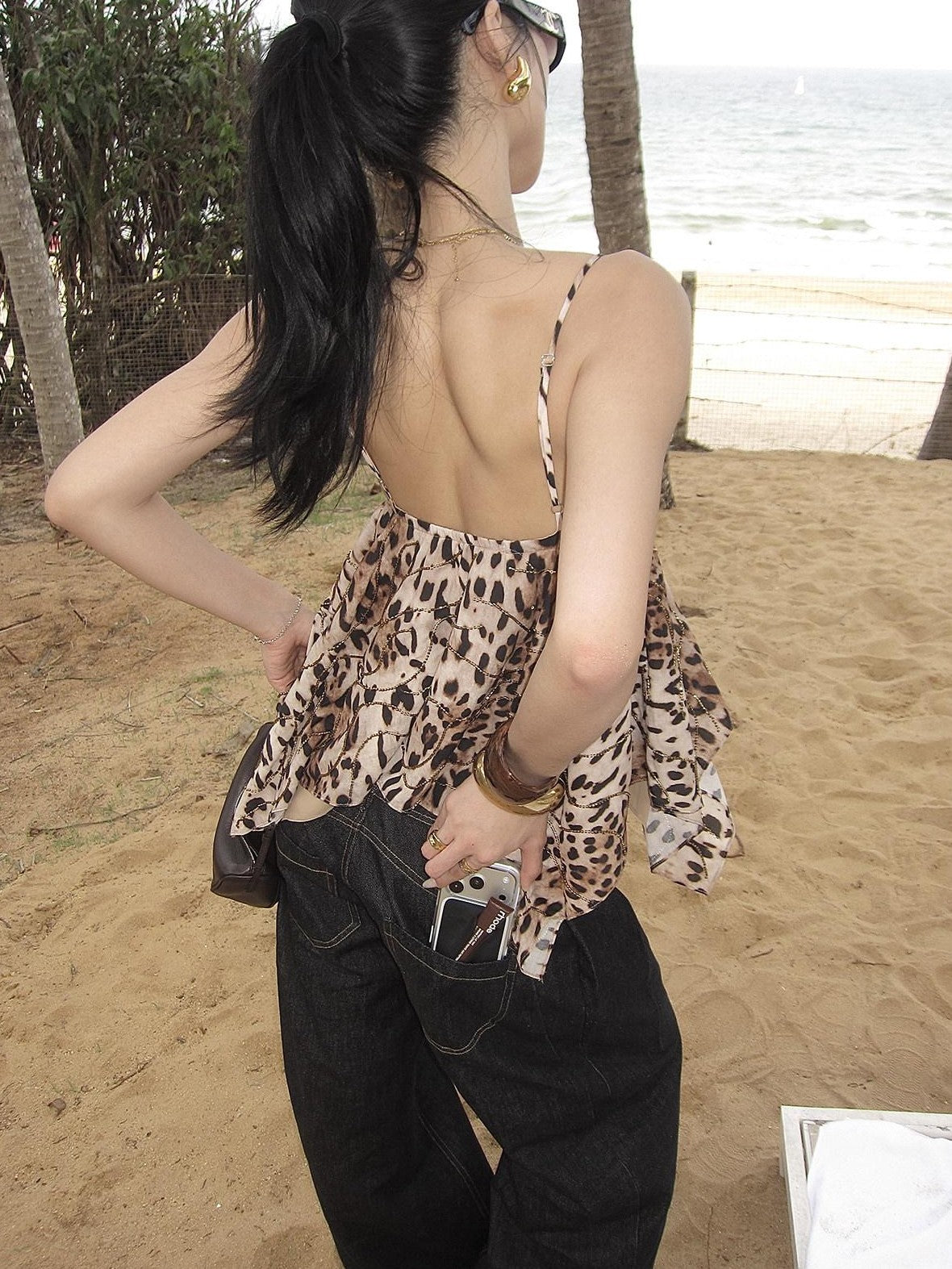rovente Golden Leopard Deep V Asymmetrical Women's Cotton Spaghetti-strap Camisoles
