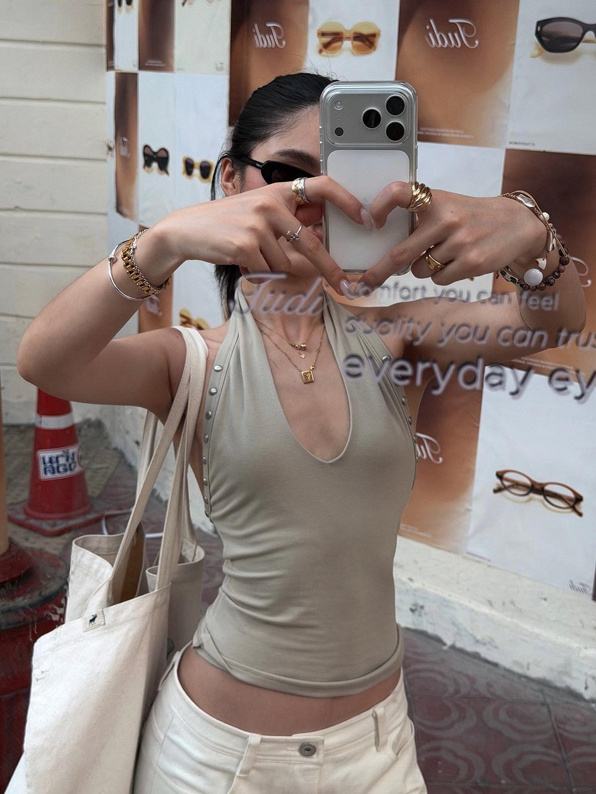 rovente Gray Apricot Studded Slim Fit American Style Women's Halter Tops