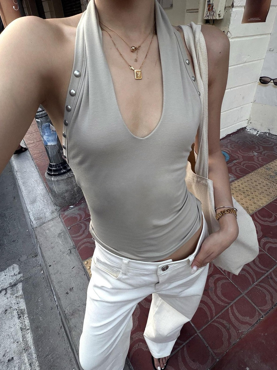 rovente Gray Apricot Studded Slim Fit American Style Women's Halter Tops
