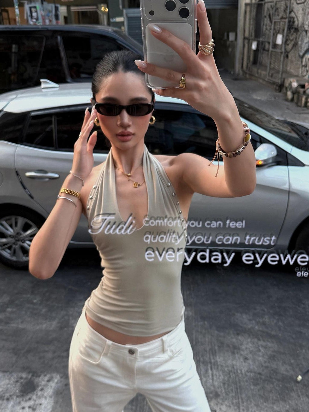 rovente Gray Apricot Studded Slim Fit American Style Women's Halter Tops