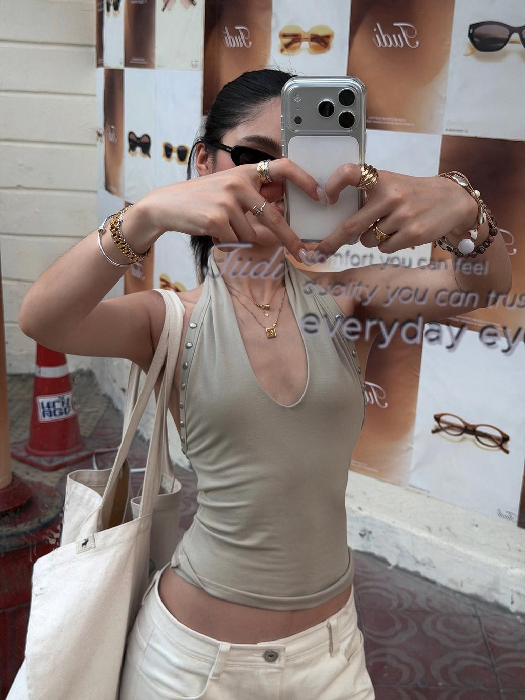 rovente Gray Apricot Studded Slim Fit American Style Women's Halter Tops