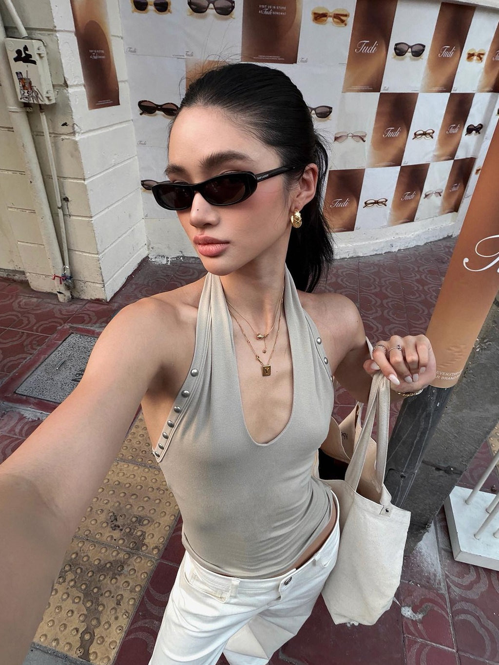 rovente Gray Apricot Studded Slim Fit American Style Women's Halter Tops