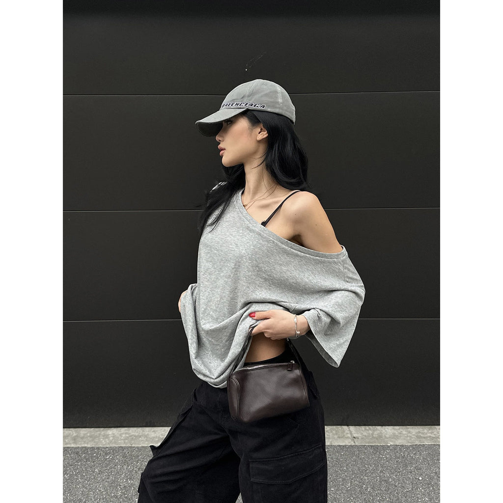 rovente_Gray_Asymmetrical_Knit_Two_Piece_Camisole_Loose_Women's_Off-shoulder_T-shirts_1029966522607_MISSTT