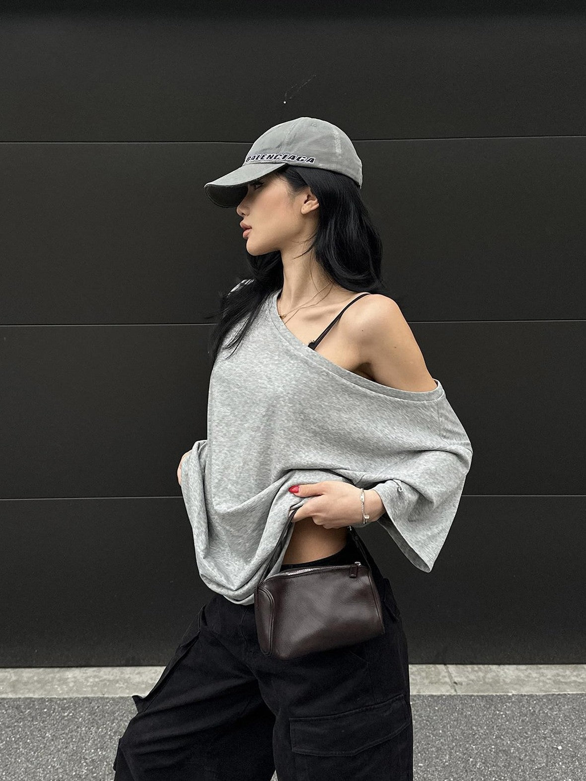 rovente Gray Asymmetrical Knit Two Piece Camisole Loose Women's Off-shoulder T-shirts
