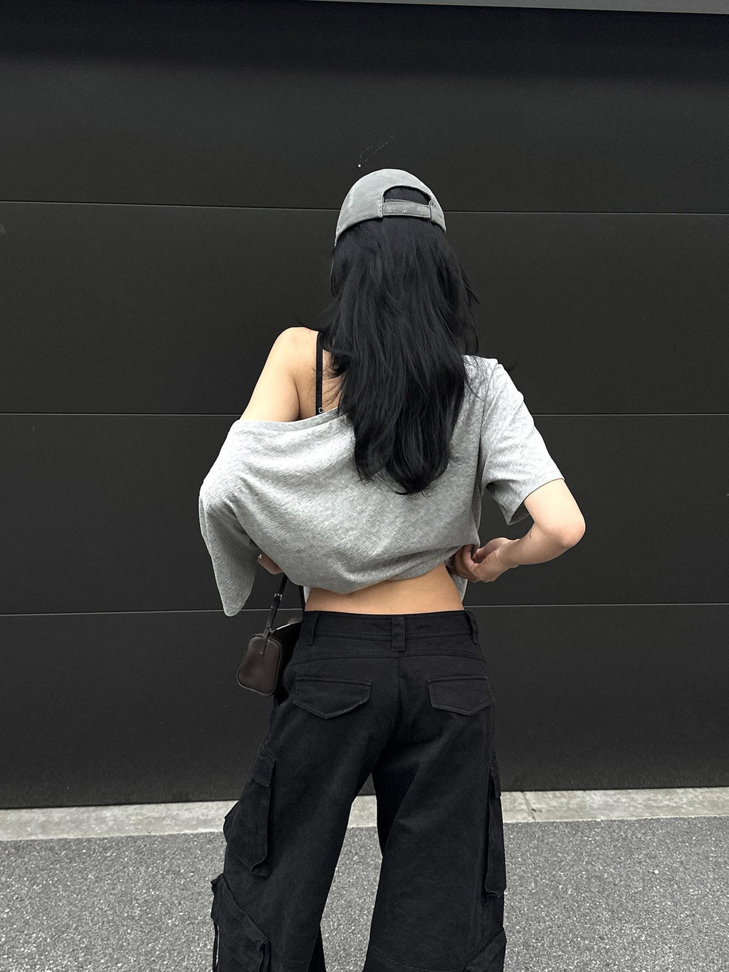 rovente Gray Asymmetrical Knit Two Piece Camisole Loose Women's Off-shoulder T-shirts