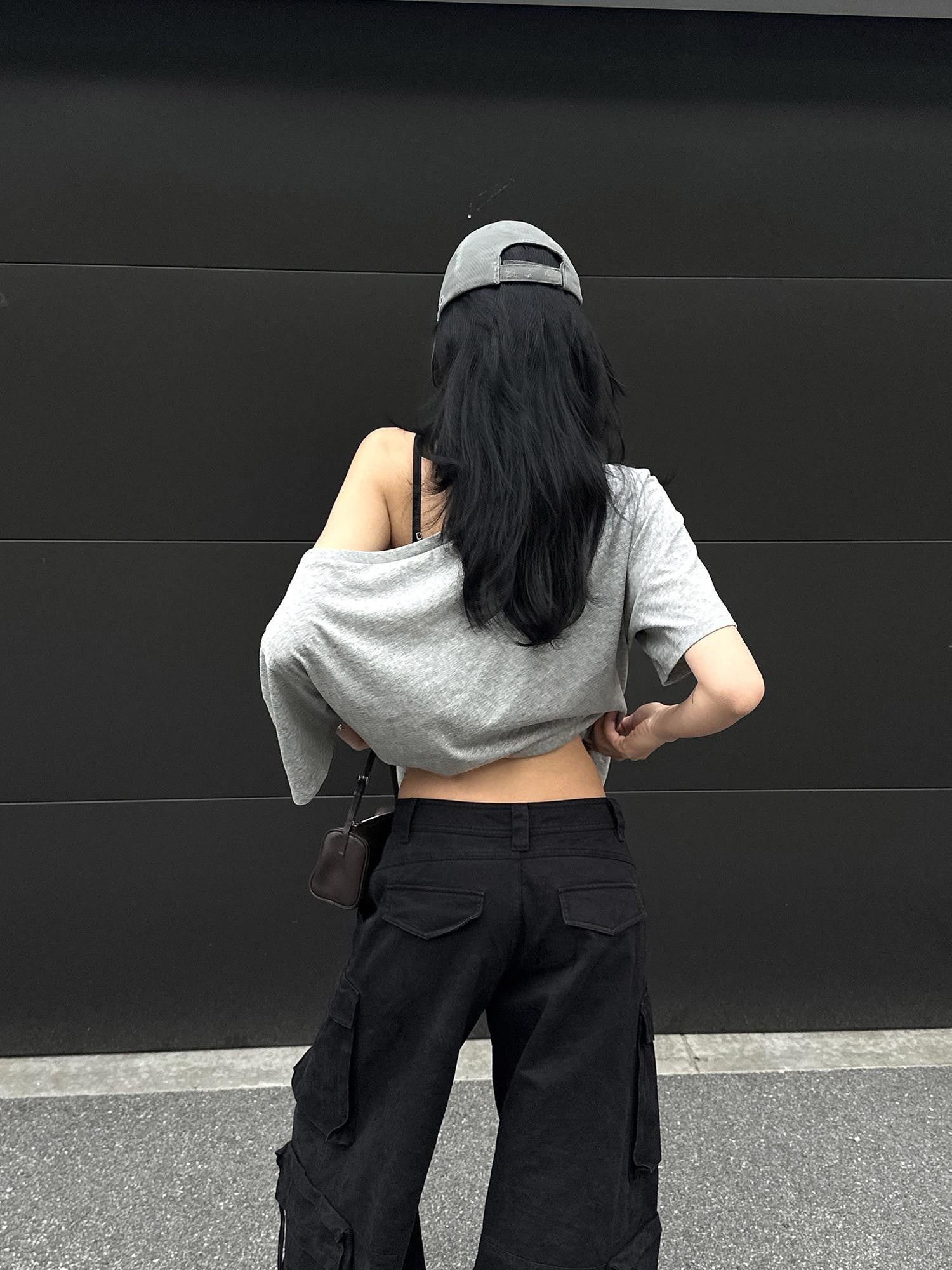 rovente Gray Asymmetrical Knit Two Piece Camisole Loose Women's Off-shoulder T-shirts