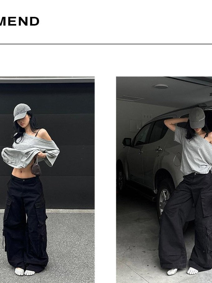 rovente Gray Asymmetrical Knit Two Piece Camisole Loose Women's Off-shoulder T-shirts