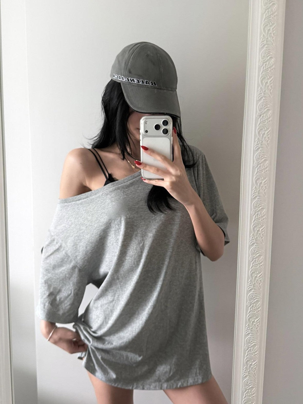 rovente Gray Asymmetrical Knit Two Piece Camisole Loose Women's Off-shoulder T-shirts