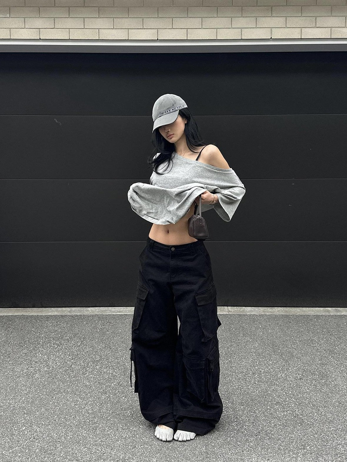 rovente Gray Asymmetrical Knit Two Piece Camisole Loose Women's Off-shoulder T-shirts