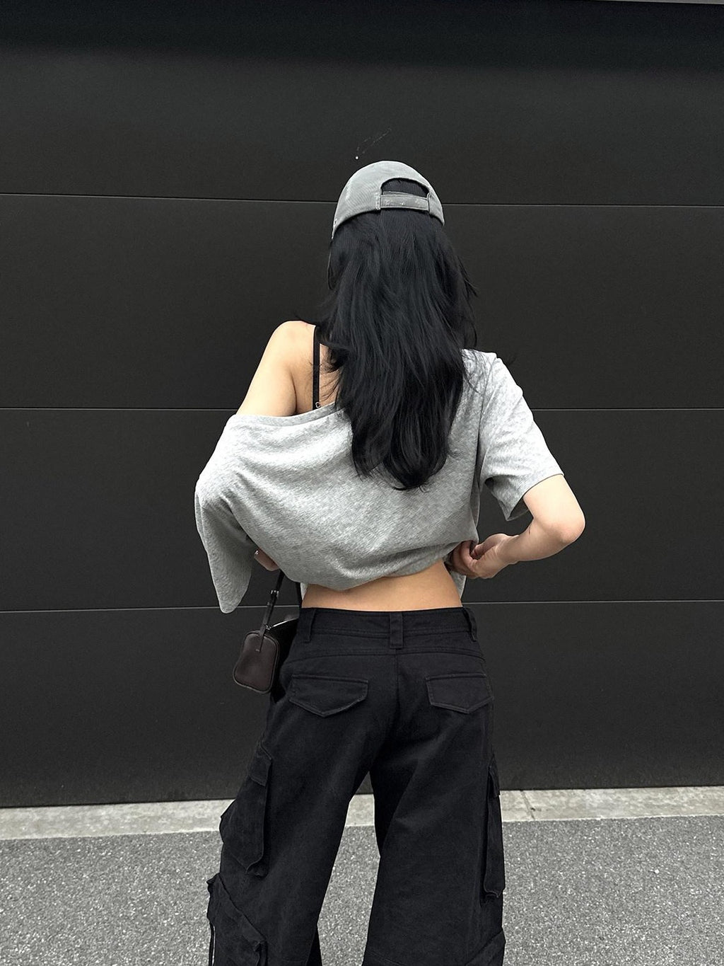 rovente Gray Asymmetrical Knit Two Piece Camisole Loose Women's Off-shoulder T-shirts