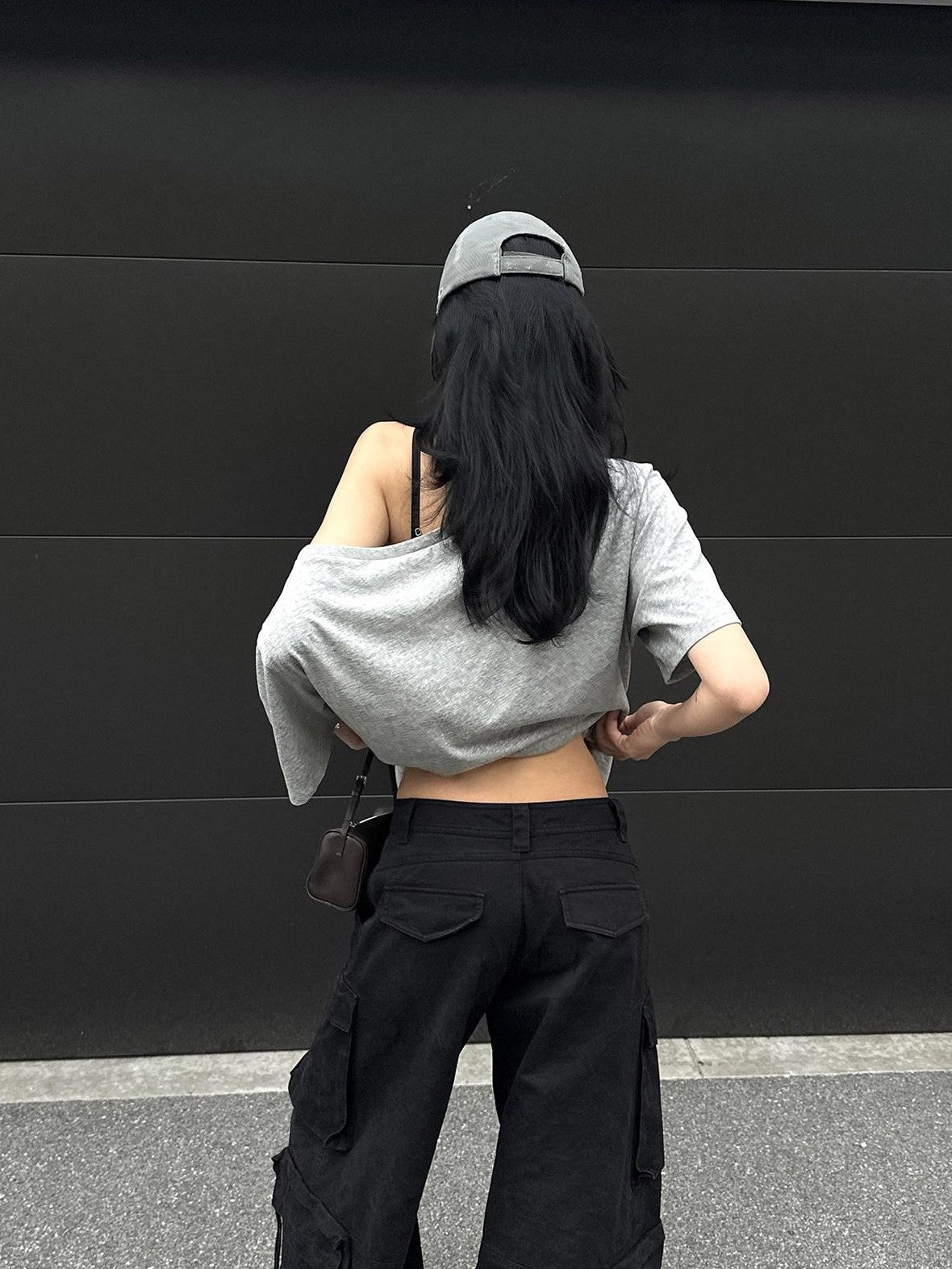 rovente Gray Asymmetrical Knit Two Piece Camisole Loose Women's Off-shoulder T-shirts