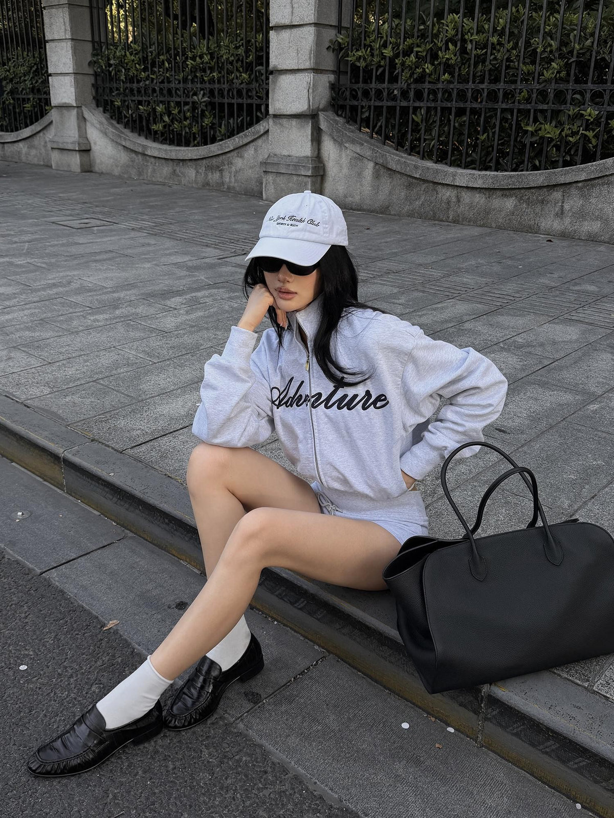 rovente Gray Embroidered Zip Up Cropped Stand Collar Cotton Women's Sport Top & Shorts Sets