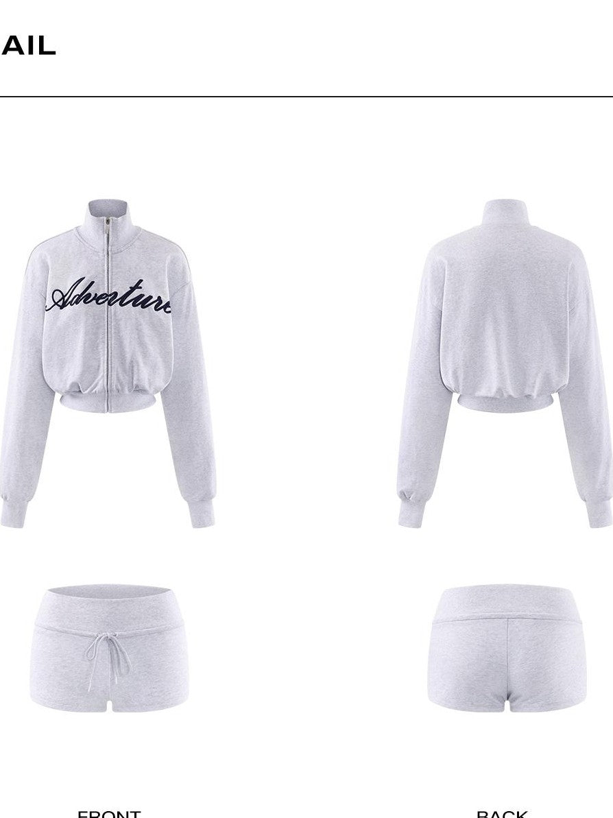 rovente Gray Embroidered Zip Up Cropped Stand Collar Cotton Women's Sport Top & Shorts Sets