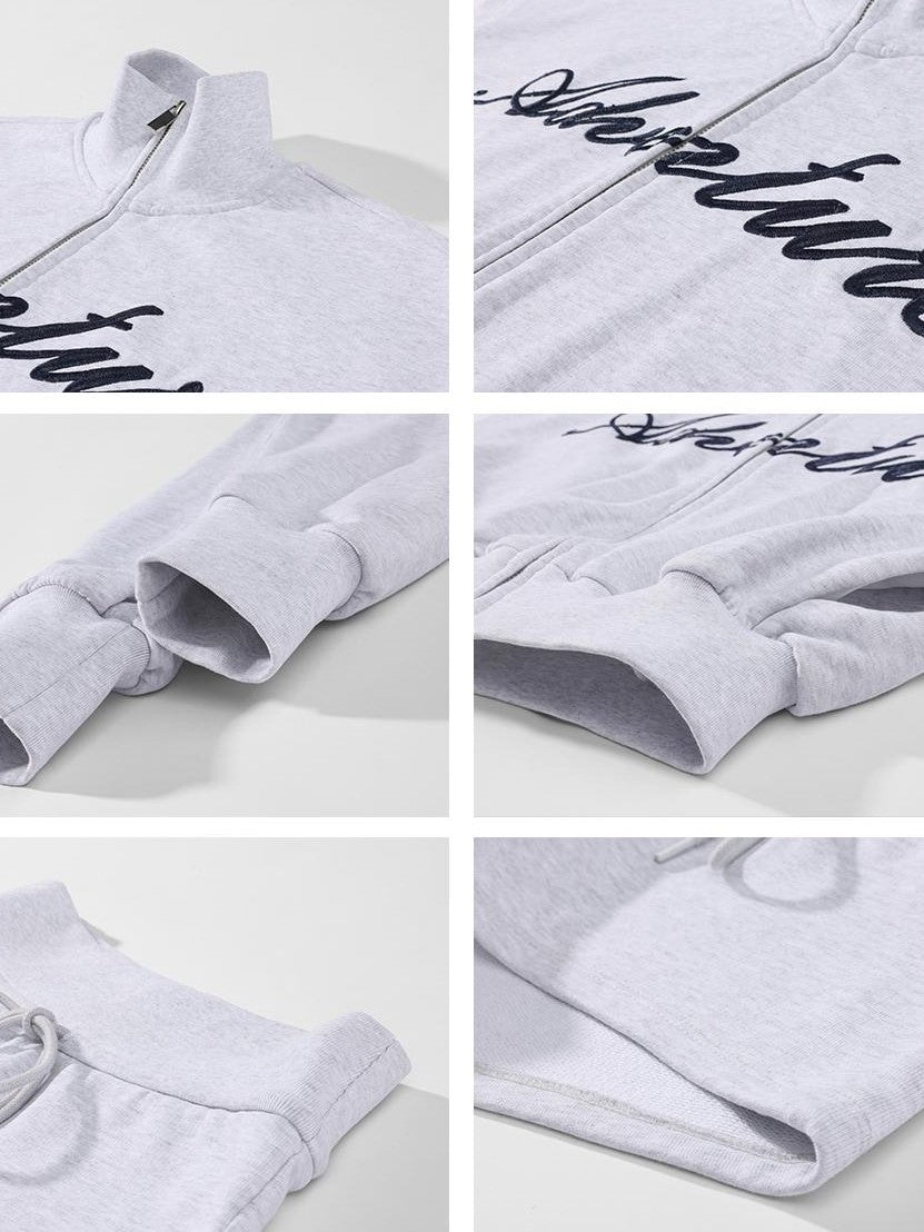 rovente Gray Embroidered Zip Up Cropped Stand Collar Cotton Women's Sport Top & Shorts Sets